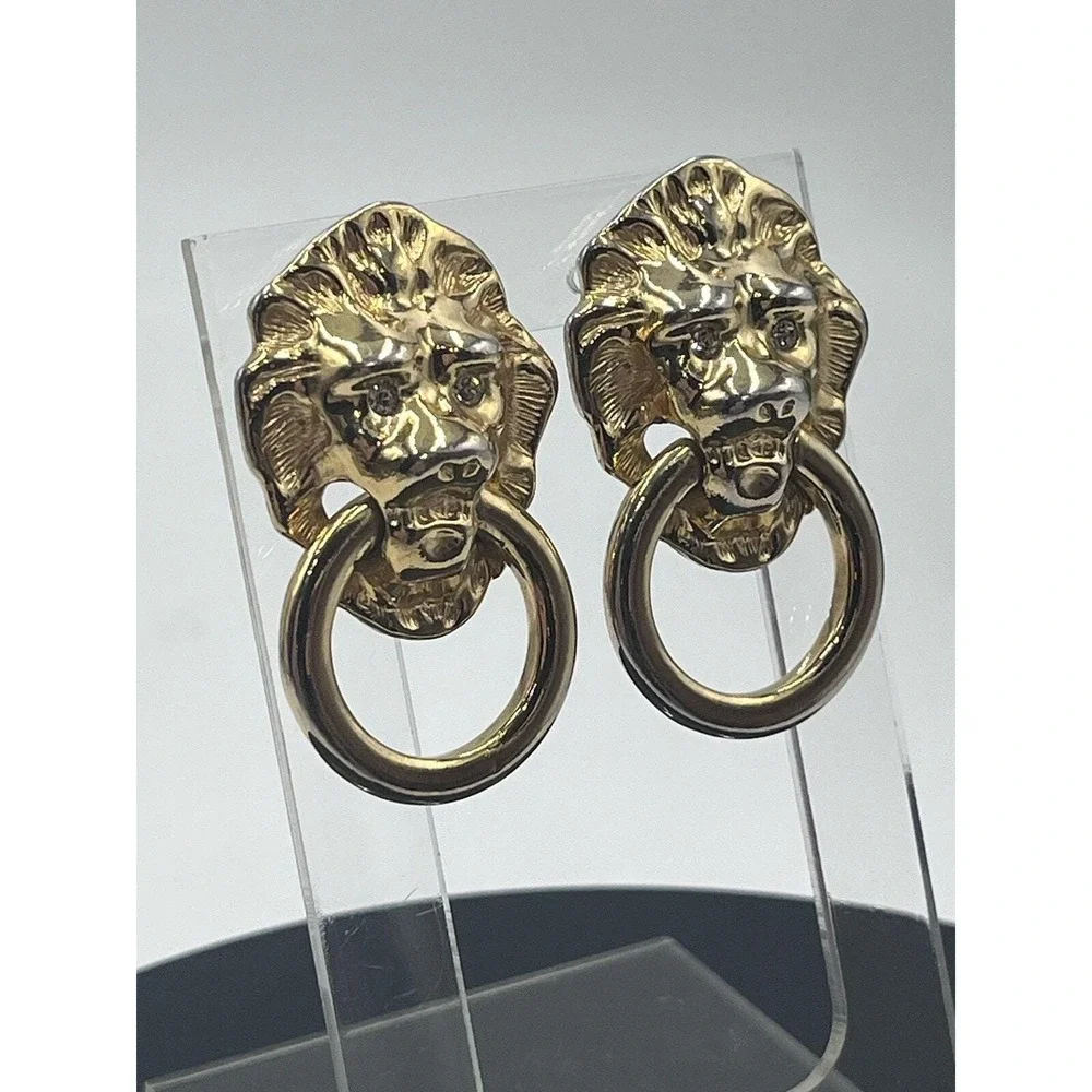 Kenneth Jay Lane KJL Vintage Lion-head Door knocker Rhinestone Eyes Earrings - Picture 13 of 14